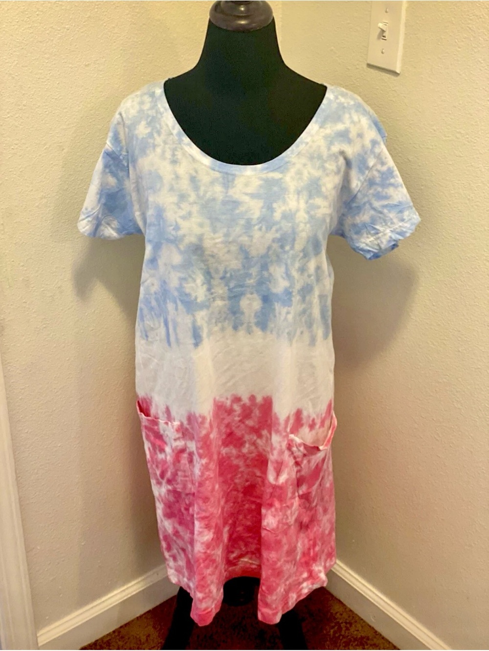 Southern Spirit Tie Dye Dress Oversized Pockets Short Sleeve Cotton Pink S NEW